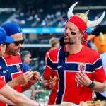 Norwegian World Cup fans turn Citi Field bleachers into a Viking longship during Mets game