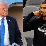 President Donald Trump reacts to Spurs star Victor Wembanyama folding his arms during the anthem
